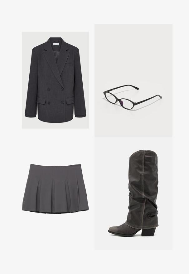 Blazer grigio doppiopetto con rever a punta, due tasche frontali e tessuto testurizzato. Presenta bottoni neri e una fodera interna liscia.; Canottiera nera a costine, dal design aderente con collo alto e senza maniche. La trama appare elastica e liscia, presentando una silhouette semplice.; Gonna grigia a pieghe con texture liscia, caratterizzata da dettagli cuciti e una vita aderente, che termina a metà coscia.; Stivali in pelle grigia al polpaccio con un design morbido, punta affilata e tacco impilato. Dettagli di cucitura evidenti nell'area della punta.; Occhiali da vista in plastica nera dalla forma ovale, con lenti trasparenti e un accento viola sulla lente sinistra. Design elegante e minimal.