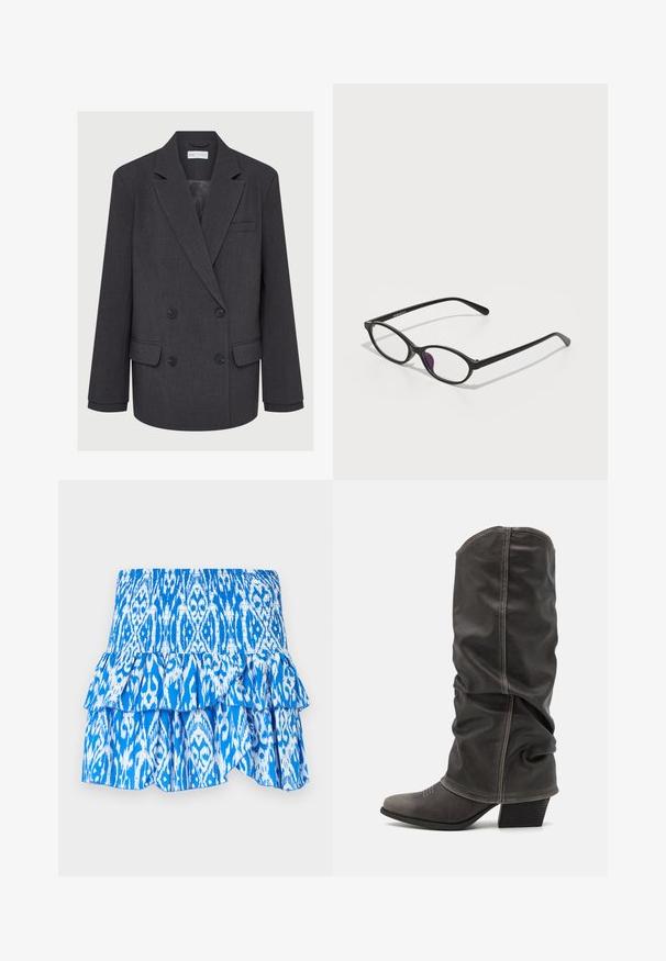 Pilkas dvigubos krūtinės švarkas su išpjautomis atlapais, dviem priekinėmis kišenėmis ir tekstūruotu audiniu. Su juodais mygtukais ir lygiu pamušalu.; Juodi raukšlėti marškiniai be rankovių, glaudžiam dizainui su aukšta apykakle. Audinys atrodo elastingas ir lygus, turintis paprastą siluetą.; Mėlyni ir balti raštuoti sijonai su susiraukšlėjusia juosmens dalimi, sluoksniuota klostuota apatine dalimi ir lengvu audiniu. Panašus į ikat stiliaus dizainą.; Pilki odiniai batas iki blauzdų, su laisvu dizainu, smailiu pirštu ir pastatytu kulnu. Išskirtiniai siuvimo detalės ant pirštų srities.; Juodos plastikinės akinių rėmeliai ovalo formos, su skaidriais lęšiais ir viena violetine akcentu kairiajame lęšyje. Modernus, minimalistinis dizainas.