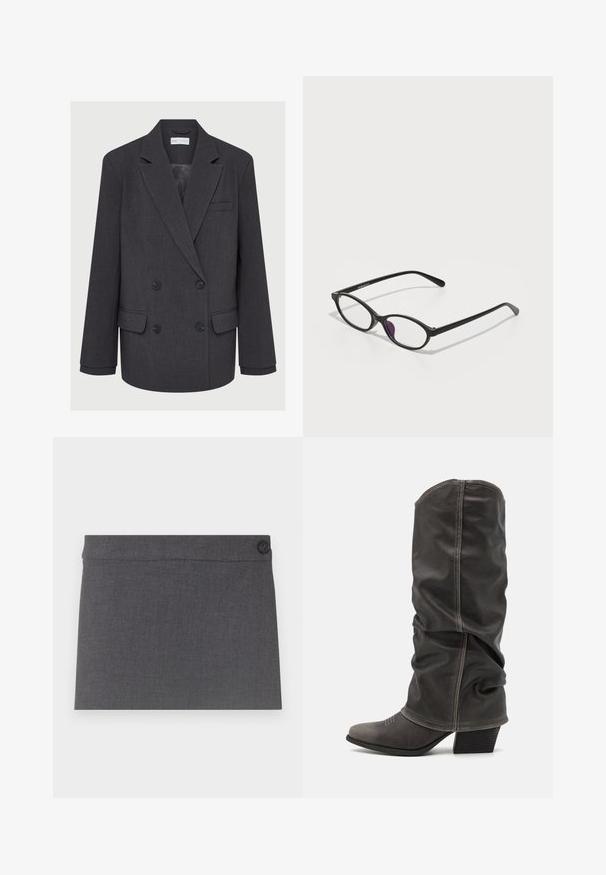 Grå dobbeltradet blazer med klapkrave, to forlommer og tekstureret stof. Har sorte knapper og en glat inderside.; Sorte ribbede tanktoppe med tætsiddende design, høj hals og uden ærmer. Teksturen virker strækbar og glat og har en enkel silhuet.; Grå stoffedragt med en glat overflade, lige design og en enkelt sort knap i taljen, med en ren og simpel æstetik.; Grå læder støvler op til læggen med et slouchy design, spidse tæer og stablet hæl. Bemærkelsesværdig syning detalje ved tåområdet.; Sorte plastiske briller med oval form, der har klare linser og en lilla accent på venstre linse. Elegant, minimalistisk design.