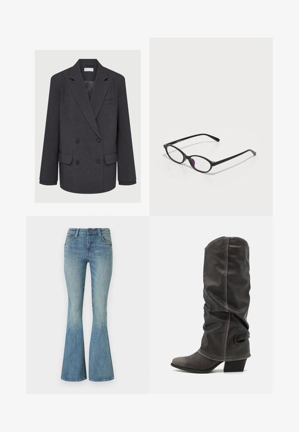 Blazer gris croisé avec revers crantés, deux poches avant et tissu texturé. Présente des boutons noirs et une doublure intérieure lisse.; Débardeurs noirs côtelés, design ajusté avec col montant et sans manches. La texture semble extensible et lisse, présentant une silhouette simple.; Jeans évasés bleu clair fabriqués en denim. Comprend une fermeture à bouton à l'avant, cinq poches et un léger délavage pour la texture.; Bottines en cuir gris hauteur mollet avec un design décontracté, bout pointu et talon empilé. Détails de couture remarquables sur la zone des orteils.; Lunettes en plastique noir avec une forme ovale, dotées de verres transparents et d'un accent violet sur le verre gauche. Design élégant et minimal.