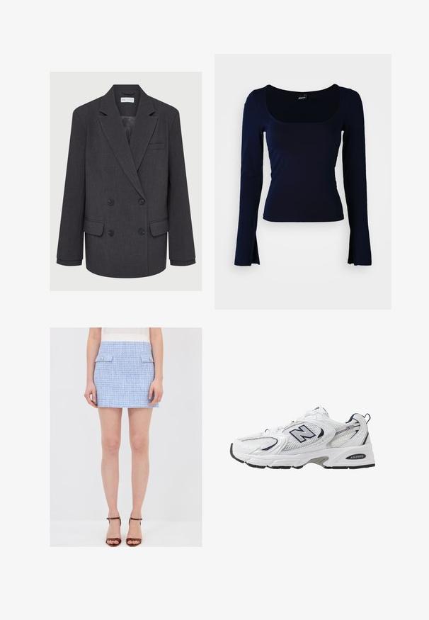 Šedý dvouřadý blejzr s klopami, dvěma předními kapsami a texturovanou tkaninou. Obsahuje černé knoflíky a hladkou podšívku.; Námořnický dlouhý rukáv s čtvercovým výstřihem, vyrobený z hladké, elastické tkaniny. Má přiléhavý střih a mírně vykrojené konce rukávů.; Světle modrá mini sukně z tkané látky s texturovaným vzorem, dvěma předními kapsami s kovovými knoflíky a designem s přiléhavým pasem.; Bílé sportovní boty s textilním svrškem, námořnickými akcenty a polstrovanou podrážkou. Obsahují logo "N", tkaničky a texturovaný detail na boku.