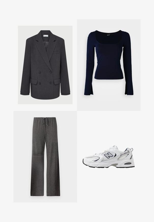 Blazer gris croisé avec revers crantés, deux poches avant et tissu texturé. Présente des boutons noirs et une doublure intérieure lisse.; Haut à manches longues bleu marine avec un décolleté carré, fabriqué à partir d'un tissu lisse et extensible. Présente un design ajusté et des manches légèrement évasées.; Pantalons de pyjama rayés en noir et gris, avec une coupe ample, une taille élastique avec cordon de serrage, et une texture de tissu douce.; B baskets blanches avec une tige en mesh, des accents bleu marine et une semelle rembourrée. Présente le logo "N", des lacets et un détail texturé sur le côté.
