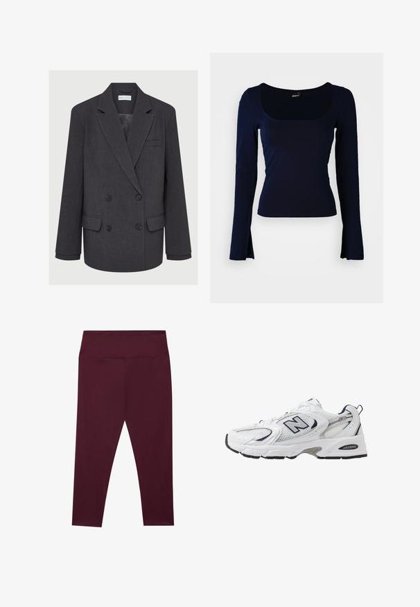 Hall Gray topelt ülikond, millel on nurgelised kraed, kaks eesmist taskut ja tekstuuriga kangas. Omab musti nuppe ja siledat sisetükki.; Tumedat pikkade varrukatega pluus ruudukujulise kaelusega, valmistatud siledast ja venivast kangast. Omab istuvat disaini ja veidi laienevaid varrukaotsi.; Burgundia värvi legginsid kõrge vöökohaga, valmistatud siledast ja venivast kangast. Omavad sujuvat disaini ilma väliste taskuteta.; Valge sportlik king, millel on võrgust ülasäär, tumesinised aktsendid ja pehme tallan. Omab "N" logo, paelu ja tekstuurset detaili külje peal.