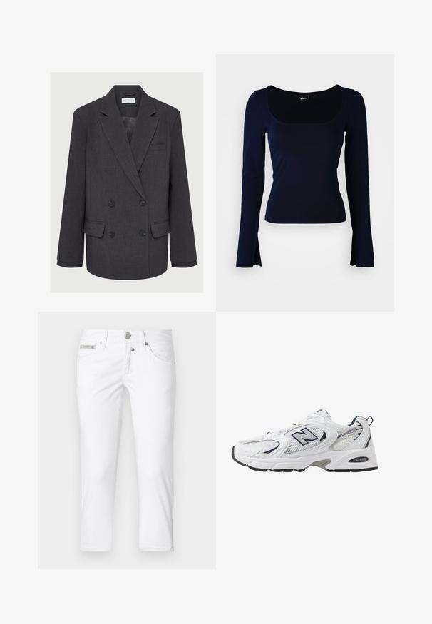 Hall Gray topelt ülikond, millel on nurgelised kraed, kaks eesmist taskut ja tekstuuriga kangas. Omab musti nuppe ja siledat sisetükki.; Tumedat pikkade varrukatega pluus ruudukujulise kaelusega, valmistatud siledast ja venivast kangast. Omab istuvat disaini ja veidi laienevaid varrukaotsi.; Valged teksad kitsas lõikega, viie taskuga ja nupulukuga. Vöökoha peal on metallist logo aktsent. Sile tekstuur.; Valge sportlik king, millel on võrgust ülasäär, tumesinised aktsendid ja pehme tallan. Omab "N" logo, paelu ja tekstuurset detaili külje peal.