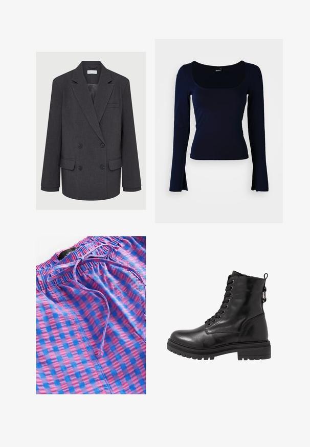 Gray double-breasted blazer with notched lapels, two front pockets, and textured fabric. Features black buttons and a smooth inner lining.; Navy long-sleeve top with a square neckline, made from a smooth, stretchy fabric. Features fitted design and slightly flared sleeve ends.; Next PULL ON GINGHAM - Trousers - blue pink; Black leather ankle boot with round toe, lace-up front, and textured rubber sole. Features a pull tab at the back and reinforced stitching.