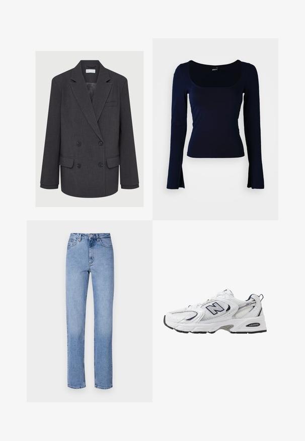 Blazer cinza de doube peito com lapelas recortadas, dois bolsos frontais e tecido texturizado. Apresenta botões pretos e um forro liso.; T-shirt azul marinho de manga longa com decote quadrado, feito de um tecido macio e elástico. Apresenta um design ajustado e mangas ligeiramente arredondadas nas extremidades.; Jeans de perna reta em azul claro feitos de denim, com fecho de botão e zip, quatro bolsos e detalhes de costura subtis.; Shoe atlético branco com parte superior de malha, detalhes em azul-marinho e sola almofadada. Apresenta o logótipo "N", atacadores e detalhe texturizado na lateral.