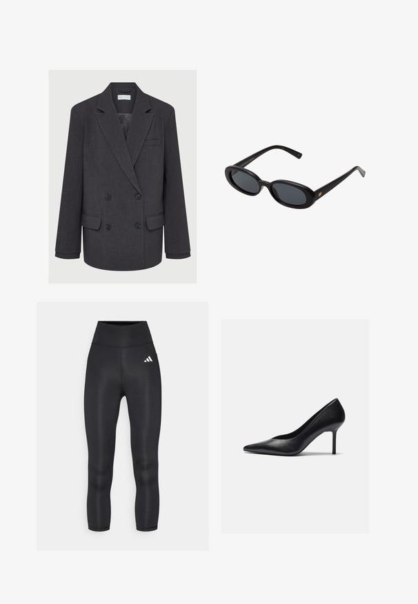 Blazer gris croisé avec revers crantés, deux poches avant et tissu texturé. Présente des boutons noirs et une doublure intérieure lisse.; Haut à manches longues bleu marine avec un décolleté carré, fabriqué à partir d'un tissu lisse et extensible. Présente un design ajusté et des manches légèrement évasées.; Leggings noirs taille haute en matière lisse et extensible, avec un petit logo Adidas blanc sur la hanche gauche.; Botte en cuir noir à talon haut avec un bout pointu et un talon aiguille mince, présentant une texture lisse et un design minimaliste.; Lunettes de soleil noires surdimensionnées avec des verres ovoïdes, monture en plastique lisse et accents dorés sur les tempes. Les verres sombres offrent une protection contre le soleil.