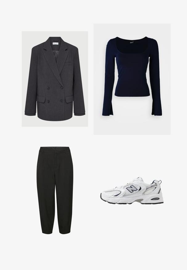 Gray double-breasted blazer with notched lapels, two front pockets, and textured fabric. Features black buttons and a smooth inner lining.; Navy long-sleeve top with a square neckline, made from a smooth, stretchy fabric. Features fitted design and slightly flared sleeve ends.; Black tailored trousers featuring a high waist, pleat detailing, and tapered legs, made from a smooth, lightweight fabric.; White athletic shoe with mesh upper, navy accents, and cushioned sole. Features "N" logo, laces, and textured detail on side.