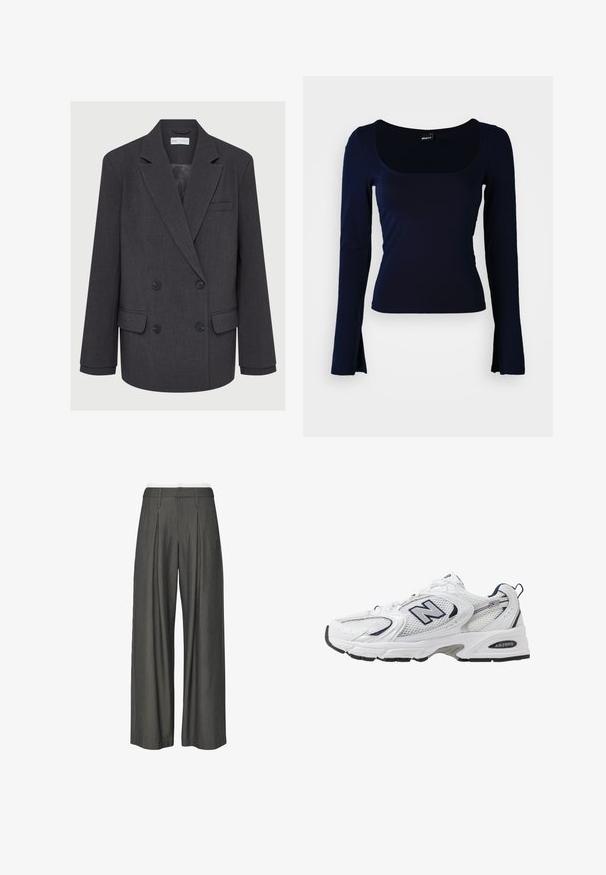 Grauer zweireihiger Blazer mit Reverskragen, zwei vorderen Taschen und strukturiertem Stoff. Verfügt über schwarze Knöpfe und ein glattes Innenfutter.; Marineblaues Langarmoberteil mit quadratischem Ausschnitt, gefertigt aus einem glatten, dehnbaren Stoff. Verfügt über eine taillierte Passform und leicht ausgestellte Ärmelenden.; Grau gestreifte weit geschnittene Hosen mit gefaltetem Vorderteil, elastischem Bund und glatter Textur, designed für einen lässigen Sitz.; Weißer Sportschuh mit Mesh-Obermaterial, navyblauen Akzenten und gepolsterter Sohle. Verfügt über das "N"-Logo, Schnürsenkel und eine strukturierte Detailverarbeitung an der Seite.