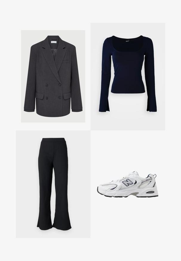 Pelēks dubultā jakas uzvalks ar iegrieztiem atlociem, divām priekšējām kabatām un teksturētu audumu. Iespējo melni pogas un gludu iekšējo odere.; Jūras spēku tumši zils krekls ar kvadrātveida dekoltē, izgatavots no gludas, elastīgas auduma. Tam ir pieguļošs dizains un nedaudz plati piedurkņu gali.; Melna, teksturēta flared stila bikses ar pieguļošu jostasvietu. Audumam ir maiga ribošana, kas paplašinās pie apakšas, nodrošinot brīvu piegriezumu.; Baltas sporta apavs ar sietveida augšpusi, jūras zilām akcentiem un mīkstu zoli. Iezīmē "N" logo, šņores un teksturētu detaļu sānos.