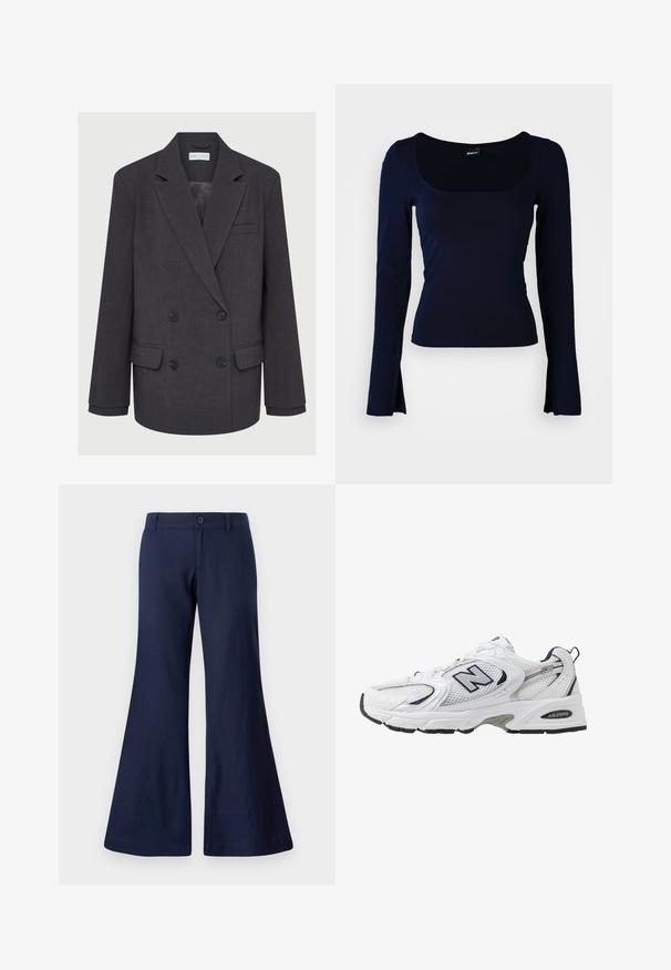 Hall Gray topelt ülikond, millel on nurgelised kraed, kaks eesmist taskut ja tekstuuriga kangas. Omab musti nuppe ja siledat sisetükki.; Tumedat pikkade varrukatega pluus ruudukujulise kaelusega, valmistatud siledast ja venivast kangast. Omab istuvat disaini ja veidi laienevaid varrukaotsi.; Tumesinised laiad püksid, mis on valmistatud puuvillast, varustatud nööbiga kinnitamise, vööloopidega ja sileda tekstuuriga, ning laiad pahkluud.; Valge sportlik king, millel on võrgust ülasäär, tumesinised aktsendid ja pehme tallan. Omab "N" logo, paelu ja tekstuurset detaili külje peal.