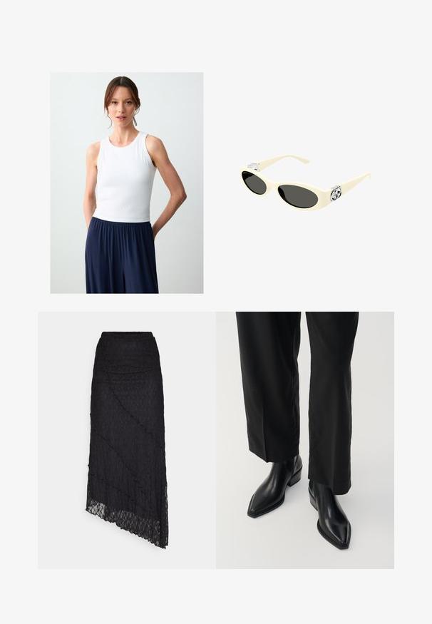 Blazer gris croisé avec revers crantés, deux poches avant et tissu texturé. Présente des boutons noirs et une doublure intérieure lisse.; Débardeur blanc à rayures avec un col rond, associé à un pantalon bleu marine ample. Le tissu en mélange de coton a une texture douce.; ONLY ONLKIM LACE SKIRT - Jupe longue - black; Bottes noires en cuir à la cheville avec un bout pointu, texture lisse et un talon carré. Associées à un pantalon noir à jambes larges, elles créent une silhouette élégante.; Lunettes de soleil couleur crème avec des verres ovales, teinte noire et accents de logo métallique au niveau des tempes. Texture lisse, design œil de chat.