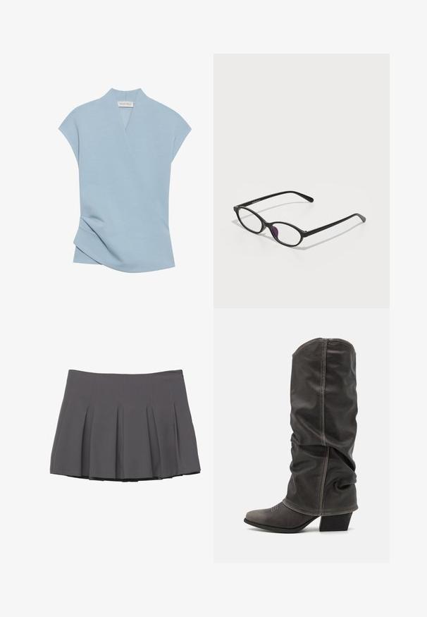 Szürke, dupla mellényes blézer lejjebb vágott hajtókával, két elülső zsebbel és texturált anyaggal. Fekete gombokkal és sima belső béléssel rendelkezik.; Világoskék, rövid ujjú felső, amely átkötős fazonú, puha tapintású és finom varrási részletekkel rendelkezik. Kényelmes anyagkeverékből készült.; Szürke plisszírozott szoknya sima textúrával, varrott részletezéssel és testhezálló derékkal, a comb közepéig ér.; Szürke bőr, térdig érő csizmák, amelyek laza kialakításúak, hegyes orrúak és tornácos sarkúak. Figyelemre méltó varrási részlet az orr részén.; Fekete műanyag szemüveg ovális formával, átlátszó lencsékkel és egy lila akcentussal a bal lencsén. Stílusos, minimalista dizájn.
