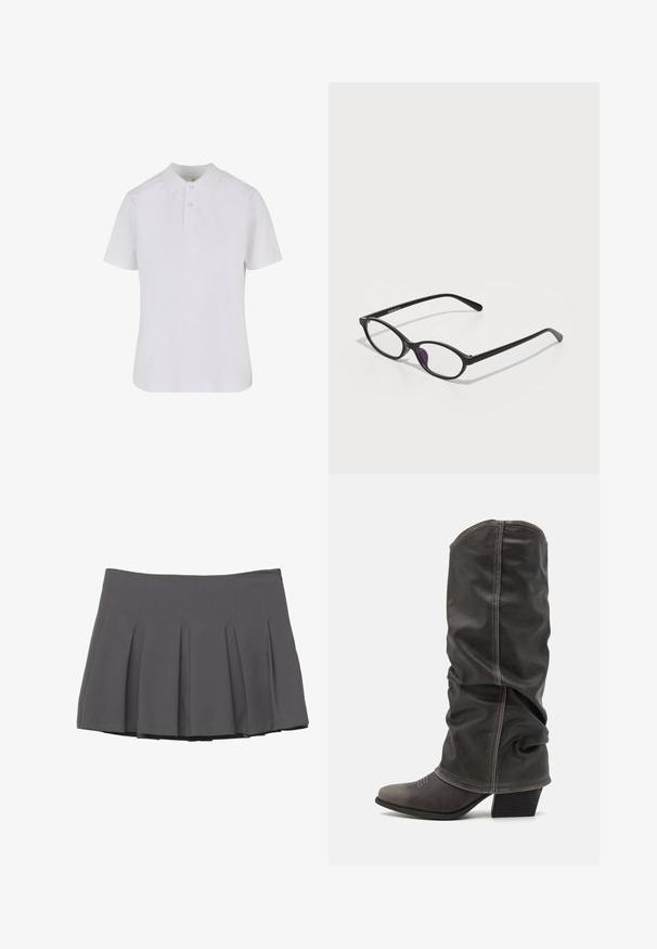 Sivý dvojradový blazer s výstrihom do "notched lapels", dvoma prednými vreckami a textúrovanou látkou. Obsahuje čierne gombíky a hladkú vnútornú podšívku.; Biela polokošeľa s krátkym rukávom vyrobená z bavlny. Obsahuje golier, zapínanie na tri gombíky a posilnené švy. Hladká textura.; Sivá plisovaná sukňa s hladkým povrchom, s prešívanými detailmi a priliehavým pásom, končiaca v dĺžke do polovice stehien.; Sivé kožené čižmy po lýtka s voľným dizajnom, špicatou špičkou a poskladaným podpätkom. Výrazné šitie v oblasti špičky.; Čierne plastové okuliare oválneho tvaru, s priehľadnými šošovkami a jedným fialovým akcentom na ľavej šošovke. Elegantný, minimalistický dizajn.