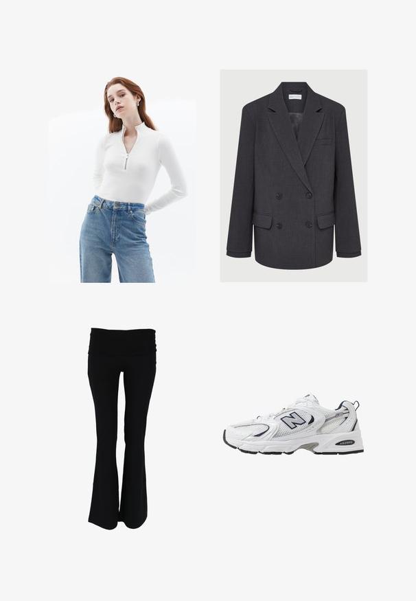 Harmaa kaksirivinen bleiseri, jossa on hapsulliset kaulukset, kaksi etutaskua ja teksturoitu kangas. Varustettu mustilla nappeilla ja sileällä vuorella.; Valkoinen vetoketjullinen pitkähiha-paita ribbikudosmateriaalista, yhdistettynä korkeavyötäröisiin vaaleansinisiin farkkuihin, joissa on haalistunut pesu ja tavalliset taskut.; Mustat levenevät joogahousut, joissa on leveä, joustava vyötärö. Valmistettu pehmeästä, kevyestä kankaasta, joka on sileää ja ilman näkyviä kuvioita.; Valkoinen urheilushoe, jossa on verkkomateriaali päällä, laivastonsiniset yksityiskohdat ja pehmeä pohja. Varustettu "N"-logolla, nauhoilla ja teksturoidulla yksityiskohdalla sivussa.