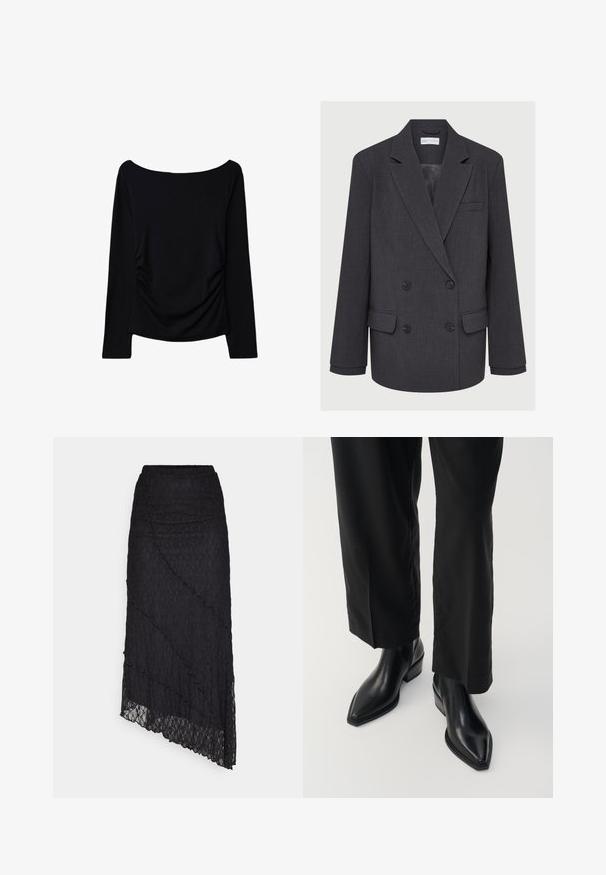 Grå dobbeltradet blazer med klapkrave, to forlommer og tekstureret stof. Har sorte knapper og en glat inderside.; Sort langærmet top med off-the-shoulder halsudskæring, med sideløft for ekstra tekstur og et glat, strækbart materiale.; ONLY ONLKIM LACE SKIRT - Maxinederdele - black; Sorte læder ankelstøvler med spids tå, glat tekstur og firkantet hæl. Kombinationen med sorte, vide bukser skaber en slank silhuet.