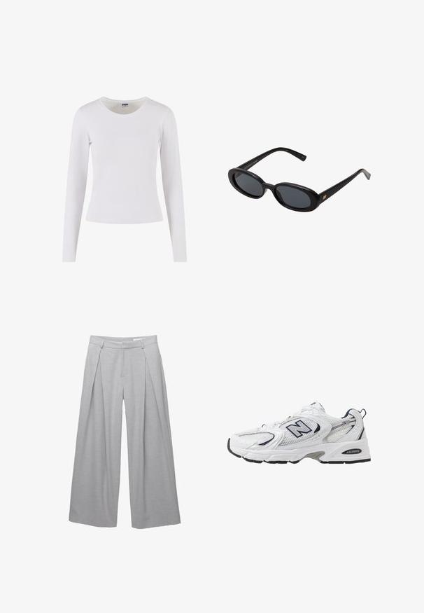Siva dvoredna blazer jopica z žepi, z dvema sprednjima žepoma in teksturirano tkanino. Ima črne gumbe in gladko notranjo podlogo.; Dolge rokave bele majice iz mehkega bombaža, z okroglim izrezom in prilegajočim silhueto brez vzorcev ali dodatkov.; Světle šedé široké kalhoty vyrobené z texturované látky, s předními sklady, poutky na pásek a přizpůsobeným pasem. Bez viditelných zapínání.; Bele športne copate z mrežasto zgornjimi deli, mornarskimi naglasnimi barvami in oblazinjeno podplatom. Vključujejo logotip "N", vezalke in teksturirane detajle na strani.; Črne oversize sončne očala z ovalnimi lečami, gladkim plastičnim okvirjem in zlatenimi detajli na templjih. Temne leče zagotavljajo zaščito pred soncem.