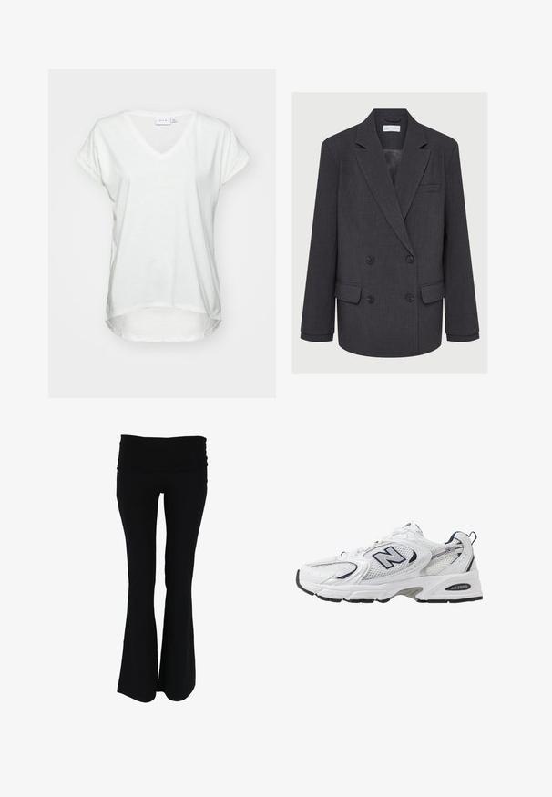 Sacou gri cu două rânduri de butoane, cu rever notchetat, două buzunare frontale și țesătură texturată. Prezintă butoane negre și o căptușeală interioară netedă.; Tricou cu decolteu în V, cu mânecă scurtă, dintr-un material alb moale. Dispune de o croială lejeră și un tiv rotunjit, cu un spate ușor mai lung.; Pantaloni de yoga negri, evazați, cu o talie largă și elastică. Realizați dintr-un material moale și ușor, cu o textură fină și fără modele vizibile.; Shoe sportiv alb cu parte superioară din plasă, accente bleumarin și talpă amortizată. Are logo-ul "N", șireturi și detalii texturate pe lateral.