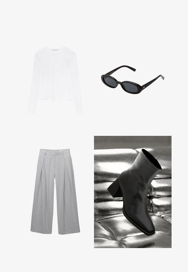 Grauer zweireihiger Blazer mit Reverskragen, zwei vorderen Taschen und strukturiertem Stoff. Verfügt über schwarze Knöpfe und ein glattes Innenfutter.; Weißes Langarmoberteil mit Rundhalsausschnitt. Hat ein enganliegendes Design, eine glatte Stoffoberfläche und einen leicht gekürzten Saum.; Hellgraue weite Hosen aus strukturiertem Stoff, mit vorderen Falten, Gürtelschlaufen und tailliertem Bund. Keine sichtbaren Verschlüsse.; Schwarzer Knöchelstiefel aus glänzendem Material mit quadratischer Zehenform und verjüngtem Absatz, vor einem glänzenden silbernen gepolsterten Hintergrund.; Schwarze, oversized Sonnenbrillen mit ovalen Gläsern, glattem Kunststoffrahmen und goldenen Akzenten an den Bügeln. Die dunklen Gläser bieten Sonnenschutz.