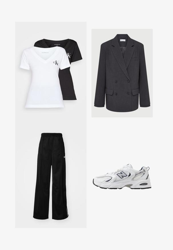 Gray double-breasted blazer with notched lapels, two front pockets, and textured fabric. Features black buttons and a smooth inner lining.; Two V-neck T-shirts in black and white. Both are made of soft cotton, featuring short sleeves and a small "CK" logo on the chest.; Black wide-leg track pants with an elastic waistband, featuring white side stripes and a small logo on the left hip. Smooth fabric texture.; White athletic shoe with mesh upper, navy accents, and cushioned sole. Features "N" logo, laces, and textured detail on side.