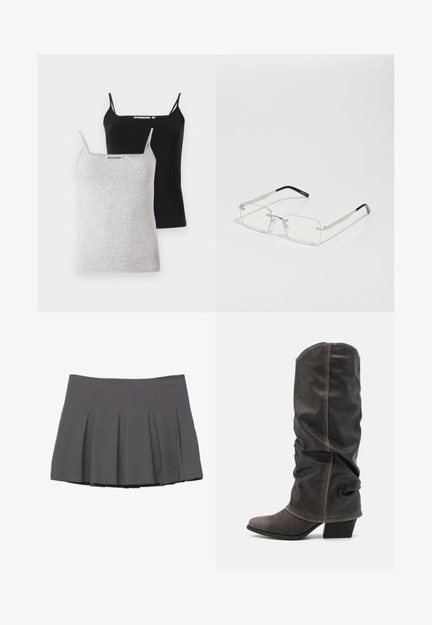 Blazer grigio doppiopetto con rever a punta, due tasche frontali e tessuto testurizzato. Presenta bottoni neri e una fodera interna liscia.; Due top interni: uno nero e uno grigio chiaro, realizzati in morbido cotone. Ognuno ha spalline sottili e un collo a barchetta, con un design semplice.; Gonna grigia a pieghe con texture liscia, caratterizzata da dettagli cuciti e una vita aderente, che termina a metà coscia.; Stivali in pelle grigia al polpaccio con un design morbido, punta affilata e tacco impilato. Dettagli di cucitura evidenti nell'area della punta.; Occhiali rettangolari con lenti trasparenti, montatura in metallo sottile di colore argento e punte in acetato nero. Presentano un design elegante caratterizzato da un hardware minimale.