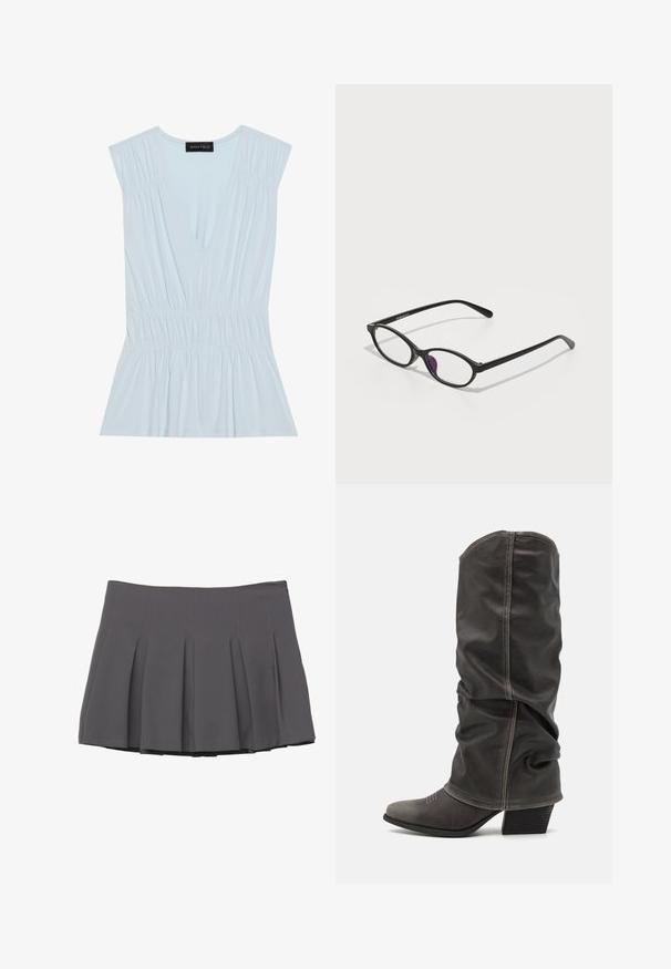Sivý dvojradový blazer s výstrihom do "notched lapels", dvoma prednými vreckami a textúrovanou látkou. Obsahuje čierne gombíky a hladkú vnútornú podšívku.; Svetlomodrý top s hlbokým výstrihom do V, plisovanými ramennými časťami a zhromaždeným pásom. Vyrobený z mäkkej tkaniny s rozšíreným lemom na spodnej časti. Logo na štítku.; Sivá plisovaná sukňa s hladkým povrchom, s prešívanými detailmi a priliehavým pásom, končiaca v dĺžke do polovice stehien.; Sivé kožené čižmy po lýtka s voľným dizajnom, špicatou špičkou a poskladaným podpätkom. Výrazné šitie v oblasti špičky.; Čierne plastové okuliare oválneho tvaru, s priehľadnými šošovkami a jedným fialovým akcentom na ľavej šošovke. Elegantný, minimalistický dizajn.
