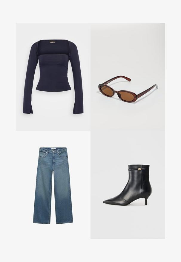 Šedý dvouřadý blejzr s klopami, dvěma předními kapsami a texturovanou tkaninou. Obsahuje černé knoflíky a hladkou podšívku.; Gina Tricot SOFT TOUCH SQUARE NECK TOP - Top s dlouhým rukávem - black iris; Světle modré široké džíny vyrobené z denimu, s polovičním pasem, dvěma předními kapsami a klasickými stehy.; Černé kožené kotníkové boty s špičatou špičkou a malým, zúženým podpatkem. Vybaveny dekorativním páskem s akcentem zlatého knoflíku. Hladký povrch.; Kulaté sluneční brýle hnědé barvy s lesklým burgundským rámem. Úzké nožičky s jemným logem. Rovné čočky.