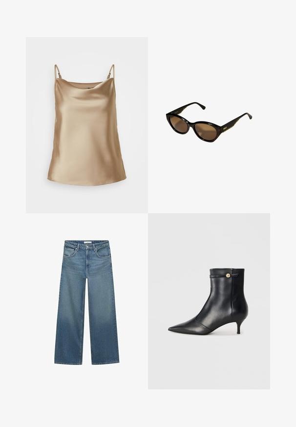 Gray double-breasted blazer with notched lapels, two front pockets, and textured fabric. Features black buttons and a smooth inner lining.; Satin camisole in light beige with thin shoulder straps and a softly draped neckline, featuring a smooth, glossy texture.; Light blue wide-leg jeans made from denim, featuring a mid-rise waist, two front pockets, and classic stitching details.; Black leather ankle boot with a pointed toe and a small, tapered heel. Features a decorative strap with a gold button accent. Smooth texture.; Black cat-eye sunglasses with brown lenses. Textured gold hardware on arms. Smooth plastic frame with a glossy finish.