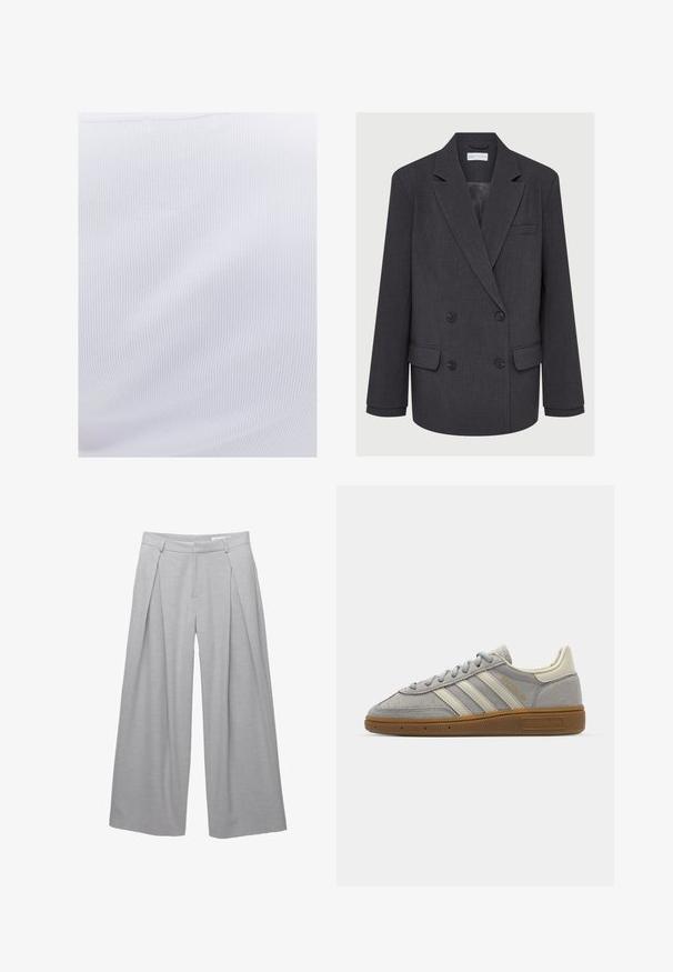 Grijze dubbelgeknoopte blazer met gekartelde revers, twee voorkezen en een gestructureerde stof. Voorzien van zwarte knopen en een gladde binnenvoering.; Witte ribstof met een gladde textuur en verticale lijnen, met een lichte rek, geschikt voor aansluitende kleding.; Lichtgrijze wijde broek, gemaakt van een gestructureerde stof, met voorplooien, riemlussen en een op maat gemaakte taille. Geen zichtbare sluitingen.; Grijze suède sneakers met lichtgrijze leren strepen en een gomrubberen zool. Kenmerken zijn een vetersluiting en subtiele branding op de tong.