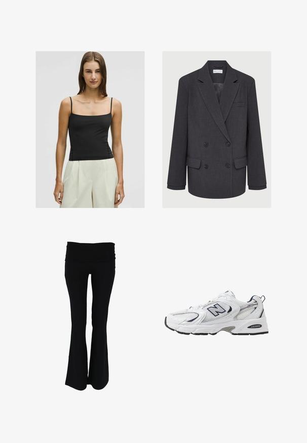 Pilkas dvigubos krūtinės švarkas su išpjautomis atlapais, dviem priekinėmis kišenėmis ir tekstūruotu audiniu. Su juodais mygtukais ir lygiu pamušalu.; Juodas spaghetti tipo viršus su kvadratiniu iškirpimu ir prigludusia siluetu, pagamintas iš sklandžios, lengvos medžiagos. Derinamas su šviesiomis plačiomis kelnėmis.; Juodos flaring tipo jogos kelnės su plačiu, tamprių juosmeniu. Pagamintos iš minkštos, lengvos medžiagos, pasižyminčios lygia tekstūra ir be matomų raštų.; Balti sportiniai batai su tinkliniu viršumi, tamsiai mėlynais akcentais ir paminkštintu padu. Yra "N" logotipas, raišteliai ir tekstūruota detalė šone.