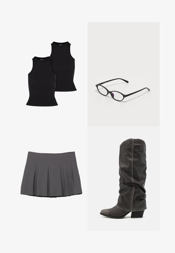 Blazer grigio doppiopetto con rever a punta, due tasche frontali e tessuto testurizzato. Presenta bottoni neri e una fodera interna liscia.; Canottiera nera a costine, dal design aderente con collo alto e senza maniche. La trama appare elastica e liscia, presentando una silhouette semplice.; Gonna grigia a pieghe con texture liscia, caratterizzata da dettagli cuciti e una vita aderente, che termina a metà coscia.; Stivali in pelle grigia al polpaccio con un design morbido, punta affilata e tacco impilato. Dettagli di cucitura evidenti nell'area della punta.; Occhiali da vista in plastica nera dalla forma ovale, con lenti trasparenti e un accento viola sulla lente sinistra. Design elegante e minimal.