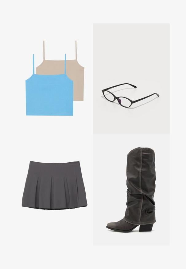 Sivý dvojradový blazer s výstrihom do "notched lapels", dvoma prednými vreckami a textúrovanou látkou. Obsahuje čierne gombíky a hladkú vnútornú podšívku.; Even&Odd 2 PACK - Top - azure blue/simply taupe; Sivá plisovaná sukňa s hladkým povrchom, s prešívanými detailmi a priliehavým pásom, končiaca v dĺžke do polovice stehien.; Sivé kožené čižmy po lýtka s voľným dizajnom, špicatou špičkou a poskladaným podpätkom. Výrazné šitie v oblasti špičky.; Čierne plastové okuliare oválneho tvaru, s priehľadnými šošovkami a jedným fialovým akcentom na ľavej šošovke. Elegantný, minimalistický dizajn.