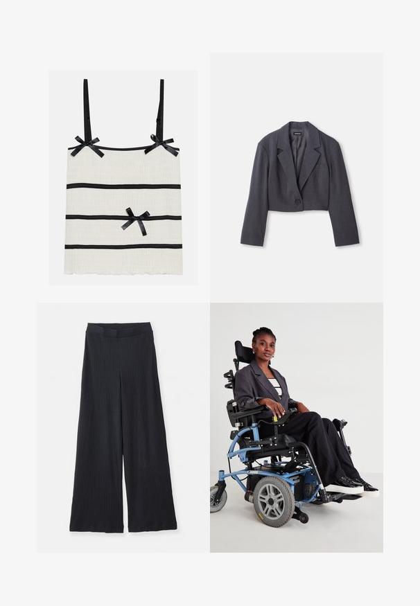 Kirpimas tamsiai pilkas švarkas su struktūrizuotu apykakle, vienu mygtuko uždarymu ir ilgomis rankovėmis. Lengva tekstūra su priekyje esančia kišene.; Šviesiai kreminės spalvos palaidinė su plonomis juodomis petnešėlėmis, papuošta juodomis horizontaliosiomis juostelėmis ir mažais kaspinėliais. Audinys tekstūruotas, su banguotu apvadu.; Juodos ribotuotos plačiakulkės kelnės su elastine juosta, išklotos ant baltos fono.; Elektrosveikamečio vežimėlis su mėlynu rėmu, juodu sėdyniu ir pilkomis ratais. Naudotojas dėvi pilką švarką ir juodas raištines kelnes, sėdėdamas su pasitikėjimu.