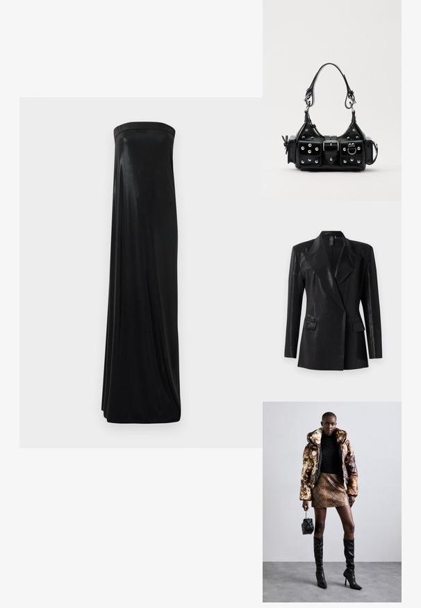 Musta bleiseri, jossa on kiiltävä viimeistely, varustettuna lovitetulla kauluksella, kahdella etutaskulla ja mukautetulla siluetilla. Pitkät hihat täydentävät muotoilua.; Mustat olkaimeton maksimekko, joka on valmistettu sileästä ja kiiltävästä kankaasta. Mekossa on istuva yläosa ja kenttä, joka laskeutuu lattiaan ilman koristeita.; Puffer-takki ruskealla ja mustalla kuviolla, yhdistettynä ruskeaan käärmeennahkakuosiseksi mini-hameeseen, mustiin polvimittaisiin saappaisiin ja pieneen mustaan laukkuun.; Musta nahkainen käsilaukku, jossa on kaareva muotoilu, hopeiset niitit, solki ja kaksi sivutaskua. Säädettävä olkahihna erilaisiin kantovaihtoehtoihin.