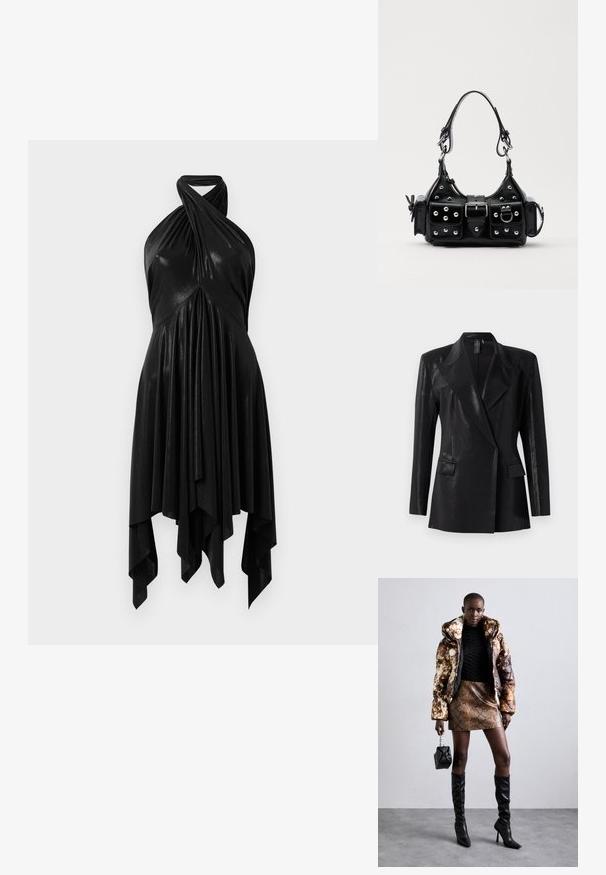 Czarna marynarka o błyszczącym wykończeniu, z klapami w kształcie litery V, dwoma przednimi kieszeniami i dopasowanym krojem. Długie rękawy dopełniają całość.; Czarna sukienka na halter z drapowanym wzorem. Wykonana z błyszczącego materiału, z skręconym dekoltem i asymetrycznym dołem. Gładka tekstura.; Kurtka puchowa w brązowo-czarny wzór, w połączeniu z brązową mini spódnicą w wężowy wzór, czarnymi wysokimi kozakami do kolan i małą czarną torebką.; Czarna skórzana torebka w zakrzywionym kształcie, z srebrnymi ćwiekami, klamrą i dwoma bocznymi kieszeniami. Regulowany pasek umożliwiający różne opcje noszenia.