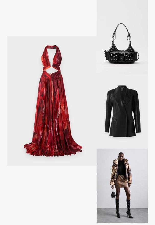 Čierny blazer s lesklým povrchom, s vykrojenou klopou, dvoma prednými vreckami a priliehavým strihom. Dlhé rukávy dotvárajú dizajn.; Červené kvetinové šaty na holé ramená s plisovanou látkou, výrezom v páse, detailom v tvare kľúča a splývavou sukňou. Obsahujú živé vzory ruží.; Bundička s kapucňou so hnedo-čiernym vzorom, skombinovaná s mini suknou s hadím vzorom v hnedej farbe, čiernymi čižmami po kolená a malou čiernou kabelkou.; Čierna kožená kabelka s zakriveným dizajnom, doplnená striebornými cvočkami, prackou a dvoma bočnými vreckami. Nastaviteľný popruh poskytuje rôzne možnosti nosenia.
