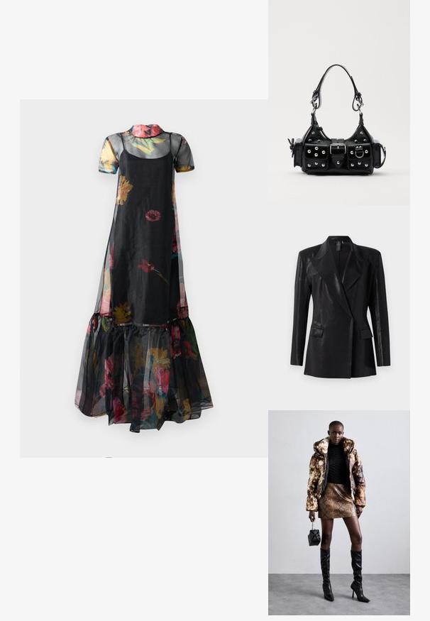 Fekete blézer fényes felülettel, bemetszett hajtókával, két elülső zsebbel és testhez álló fazonnal. Hosszú ujjak teszik teljessé a designt.; Fekete virágmintás ruha átlátszó anyagból, rövid ujjakkal és fodros, szélesített szegéllyel, színes virágmintákkal díszítve.; Barna és fekete mintás puffjú dzseki, barna kígyóbőr mintás mini szoknyával, fekete térdig érő csizmával és egy kicsi fekete táskával párosítva.; Fekete bőr kézitáska ívelt designnal, ezüst szegecsekkel, csattal és két oldalsó zsebbel. Állítható vállpánt a hordozási lehetőségekhez.