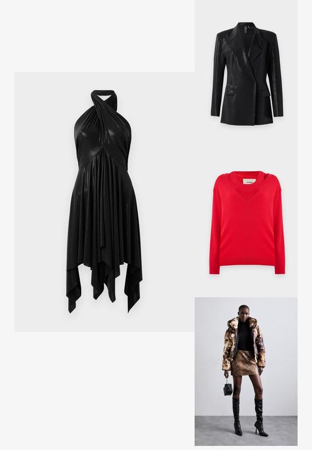 Blazer nero con finitura lucida, caratterizzato da un rever a punta, due tasche frontali e una silhouette aderente. Le maniche lunghe completano il design.; Maglione rosso a coste con scollatura a V e maniche lunghe. Presenta una vestibilità leggermente cropped e un tessuto lavorato a maglia texturizzato.; Abito nero a halter con un design drappeggiato. Realizzato in materiale lucido, con un colletto attorcigliato e un orlo asimmetrico. Texture morbida.; Giacca a vento con un motivo marrone e nero, abbinata a una mini gonna in stampa pitone marrone, stivali neri alti fino al ginocchio e una piccola borsa nera.; Borsa nera con un design texture, adornata con borchie argentate e una robusta tracolla in argento. Presenta una forma elegante e minimalista.