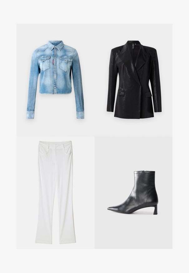 Čierny blazer s lesklým povrchom, s vykrojenou klopou, dvoma prednými vreckami a priliehavým strihom. Dlhé rukávy dotvárajú dizajn.; Svetlo modrá cropped denimová bunda s dlhými rukávmi, cvokmi, dvoma náprsními vreckami na klopu a červenou nášivkou na šve ľavého vrecka.; Biele zvonové nohavice s hladkou textúrou látky, ktoré majú dvojité predné vrecká a prešitý pás pre priliehavý vzhľad.; Čierne kožené členkové topánky s špicatou špičkou a elegantným dizajnom. Majú nízky podpätok a zips na zadnej strane. Hladká textúra.