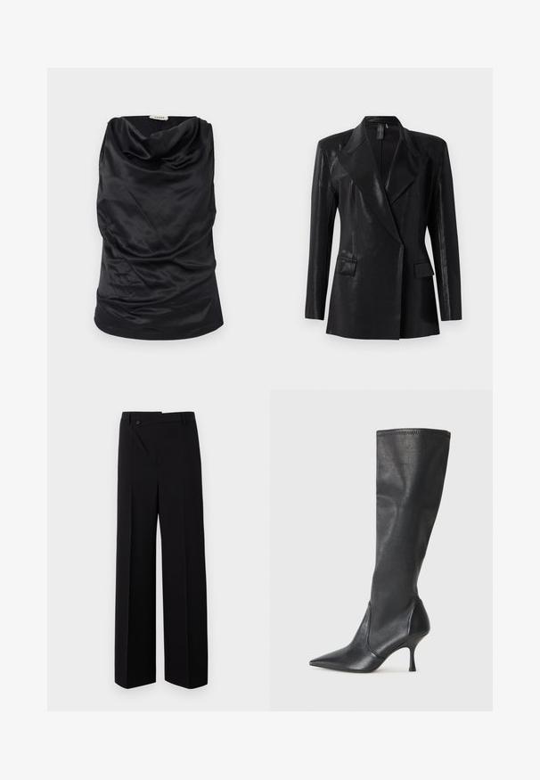 Melna žakete ar spīdīgu apdari, ar iegrieztu atlokni, divām priekšējām kabatām un pieguļošu siluetu. Garās piedurknes noslēdz dizainu.; Melna kapuces blūze, izgatavota no gludas auduma, ar drapētas struktūras, mīkstu tekstūru un pieguļošu siluetu. Bezšuvīgs apdare malā.; Melni platās bikses ar taisnu priekša, pogu aizdari un gludu auduma tekstūru. Ievērojama tieša piegriezuma un asu līniju klātbūtne.; Ceļa auguma melni ādas zābaki ar smailu purngalu un šauru stiletto papēdi. Gluda tekstūra ar pieguļošu dizainu un izšuvumiem augšējā malā.