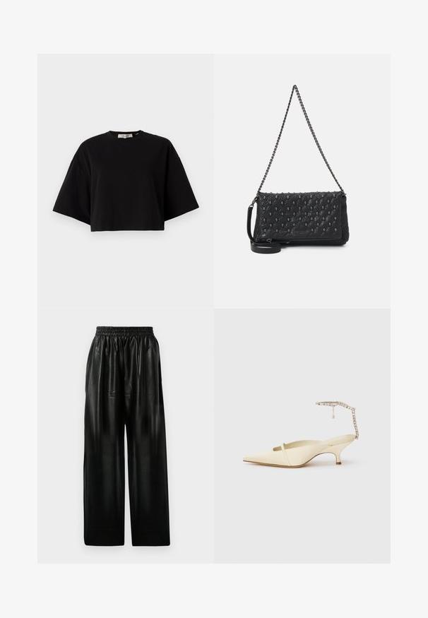 Sort blazer med en blank finish, der har en notch lapel, to frontlommer og en tætsiddende silhuet. Lange ærmer fuldender designet.; Sort cropped t-shirt lavet af bomuld, med rund halsudskæring og korte, brede ærmer for en løs pasform. Glat tekstur, enkelt design.; Sorte læder brede bukser med elastisk talje, der har to sidelommer og en glat, blank overflade.; Cremefarvet spids tå slingback-hæl med tynd frontrem og prydet ankelrem på hvid baggrund.; Sort quiltet lædertaske med kæderyg, prydet med kraniumdetaljer og en lynlåslukning. Struktureret overflade med en glansfuld finish.