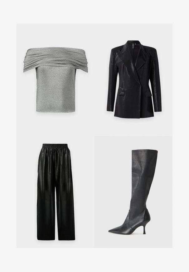 Czarna marynarka o błyszczącym wykończeniu, z klapami w kształcie litery V, dwoma przednimi kieszeniami i dopasowanym krojem. Długie rękawy dopełniają całość.; Srebrna bluzka off-the-shoulder z gromadzonym wzorem, wykonana z błyszczącego materiału. Krótki, dopasowany krój z gładkim wykończeniem.; Czarne skórzane spodnie o szerokich nogawkach z elastycznym paskiem, wyposażone w dwie boczne kieszenie oraz gładką, błyszczącą fakturę.; Czarne skórzane botki do kolan z ostrym noskiem i wąskim obcasem w szpilkę. Gładka tekstura z dopasowanym krojem i przeszyciem na górnej krawędzi.