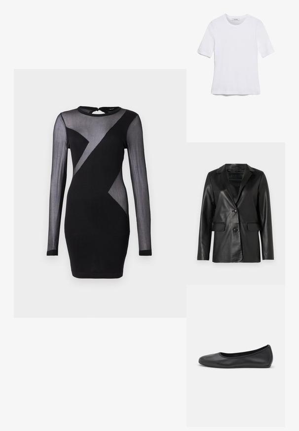 Mustan nahkatakki, jossa on muotoiltu istuvuus, lovetut hihansuut, yhden napin sulku, kaksi etutaskua ja sileä, kiiltävä pinta.; Musta mekko, jossa on pitkät, läpinäkyvät hihat, pyöreä kaula-aukko ja geometrinen kuvio, jossa on vaaleita ja tummia kankaita.; Valkoinen lyhythihainen t-paita, joka on valmistettu ribbytedusta kankaasta. Pyöreä pääntiie, normaali istuvuus ja hienovaraiset ompeluyksityiskohdat. Ei kuvioita tai grafiikkaa.; Musta nahkainen ballerina, jossa on pyöristetty kärki, sileä pinta, minimaalinen ommelkoristelu ja joustava pohjamuotoilu.