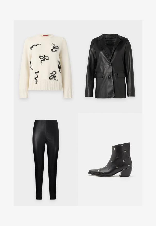 Schwarze Lederblazer mit taillierter Passform, Schößchen, Ein-Knopf-Verschluss, zwei Vorder pockets und einer glatten, glänzenden Textur.; Cremfarbener Pullover mit schwarzen, perlenbesetzten Schlangenmotiven. Ribben am Saum und an den Bündchen sorgen für Textur; Rundhalsausschnitt. Weiches Strickmaterial.; Schwarze, hoch taillierte Leggings aus glattem Kunstleder mit einer figurbetonten Passform und schmal zulaufenden Beinen. Keine sichtbaren Details oder Muster.; Schwarze Leder-Ankle-Boots mit silbernen Ösen-Details, spitzer Zehenform und Blockabsatz. Schickes Design mit glatter Textur.