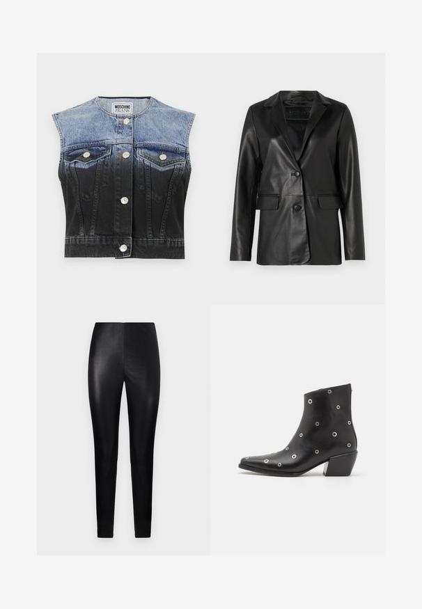 Black leather blazer with a tailored fit, notched lapels, single button closure, two front pockets, and a smooth, glossy texture.; Denim vest featuring a faded blue to black ombre effect, sleeveless design, two chest pockets, silver buttons, and a curved hem.; Black, high-waisted leggings made of smooth faux leather, featuring a fitted design and tapered legs. No visible hardware or patterns.; Black leather ankle boot with silver eyelet detailing, pointed toe, and a block heel. Sleek design with a smooth texture.