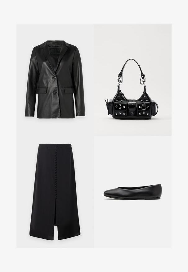 Mustan nahkatakki, jossa on muotoiltu istuvuus, lovetut hihansuut, yhden napin sulku, kaksi etutaskua ja sileä, kiiltävä pinta.; Musta pitkähihainen poolotoppi, joka on valmistettu sileästä kankaasta, jossa on röyhelökaulus ja tiukka siluetti yksinkertaisilla reunoilla.; Mustasi midi-hame, joka on valmistettu sileästä kankaasta, ja siinä on edessä halkio sekä selässä rivissä pieniä nappeja yksityiskohtana.; Paul Smith TOPANGA - Ballerinat - black; Musta nahkainen käsilaukku, jossa on kaareva muotoilu, hopeiset niitit, solki ja kaksi sivutaskua. Säädettävä olkahihna erilaisiin kantovaihtoehtoihin.