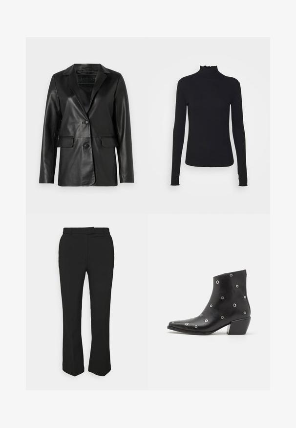 Czarna skórzana marynarka o dopasowanym kroju, z wyształcanymi klapami, pojedynczym zapięciem na guzik, dwoma przednimi kieszeniami oraz gładką, błyszczącą fakturą.; Czarny, długi rękaw, golf z gładkiego materiału, z falbaniastym kołnierzem i dopasowanym krojem z prostymi brzegami.; Czarne, dopasowane spodnie o prostym kroju, z pętelkami na pasek i kieszeniami po bokach. Wykonane z gładkiego materiału o czystym wykończeniu.; Czarne skórzane botki za kostkę z srebrnymi detalami w postaci oczek, szpiczaste noski i blokowy obcas. Elegancki design z gładką teksturą.