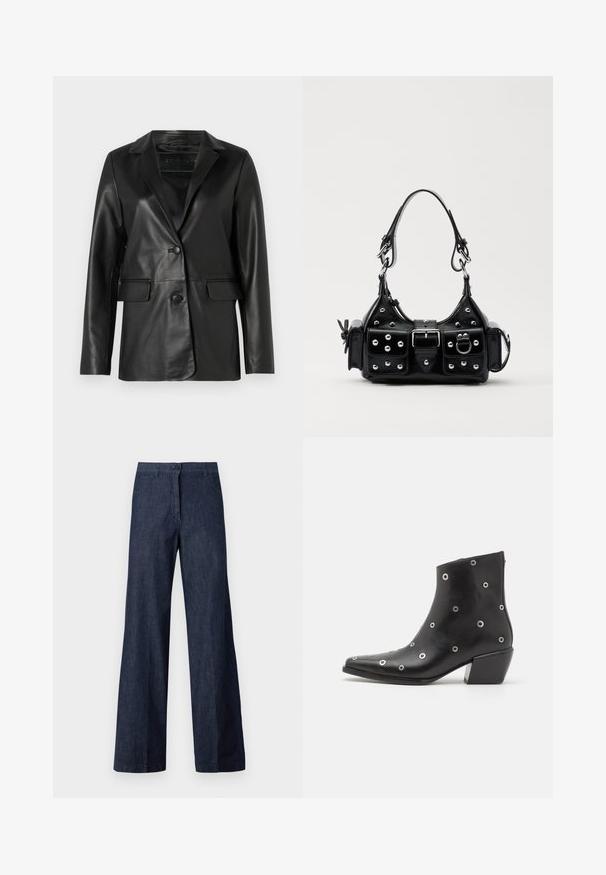 Mustan nahkatakki, jossa on muotoiltu istuvuus, lovetut hihansuut, yhden napin sulku, kaksi etutaskua ja sileä, kiiltävä pinta.; Musta pitkähihainen poolotoppi, joka on valmistettu sileästä kankaasta, jossa on röyhelökaulus ja tiukka siluetti yksinkertaisilla reunoilla.; Tummat farkkukankaiset leveälahkeiset housut, joissa on edessä nappisuljenta, kaksi sivutaskua ja sileä pinta. Kangas heijastaa hienovaraisesti valoa.; Musta nahkainen nilkkaboots, jossa on hopeiset silmukkadetaljit, teräväkärkinen malli ja lohkoavokas. Tyylikäs muotoilu, jossa on sileä pinta.; Musta nahkainen käsilaukku, jossa on kaareva muotoilu, hopeiset niitit, solki ja kaksi sivutaskua. Säädettävä olkahihna erilaisiin kantovaihtoehtoihin.