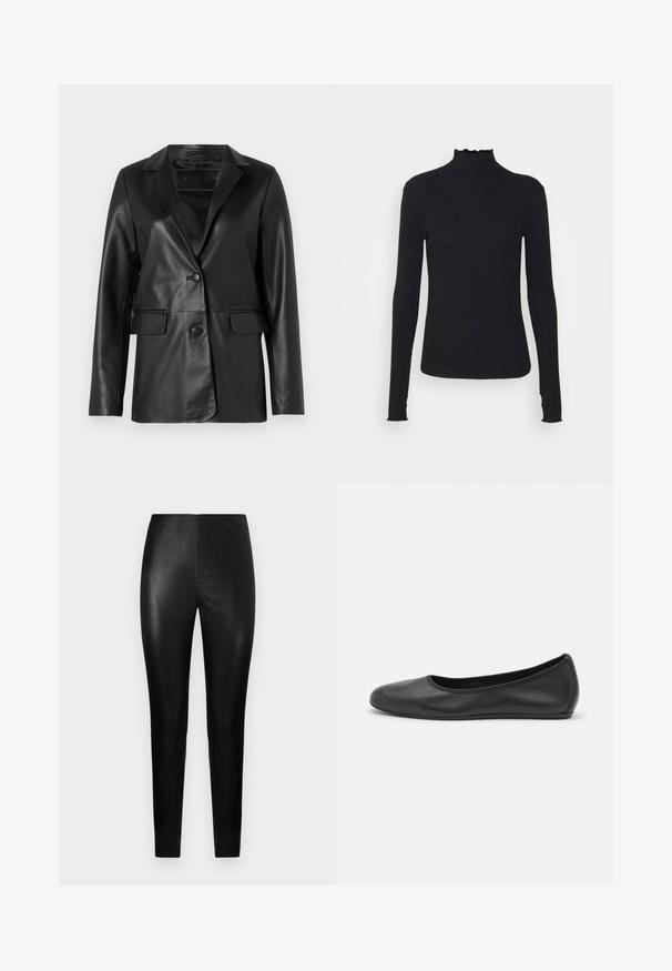 Czarna skórzana marynarka o dopasowanym kroju, z wyształcanymi klapami, pojedynczym zapięciem na guzik, dwoma przednimi kieszeniami oraz gładką, błyszczącą fakturą.; Czarny, długi rękaw, golf z gładkiego materiału, z falbaniastym kołnierzem i dopasowanym krojem z prostymi brzegami.; Czarne legginsy z wysokim stanem, wykonane z gładkiej imitacji skóry, o dopasowanym kroju i zwężających się nogawkach. Bez widocznych elementów metalowych ani wzorów.; Czarne skórzane baletki z zaokrąglonym noskiem, gładką fakturą, minimalnymi przeszyciami i elastycznym designem podeszwy.