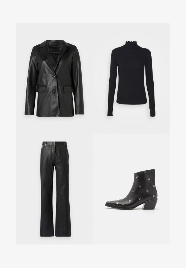 Schwarze Lederblazer mit taillierter Passform, Schößchen, Ein-Knopf-Verschluss, zwei Vorder pockets und einer glatten, glänzenden Textur.; Schwarz, langärmliges Turtleneck-Oberteil aus glattem Material, mit einem gerafften Kragen und einer enganliegenden Silhouette mit einfachen Kanten.; Schwarzlederne Pluderhosen mit glatter Textur, vertikalen Nähten und seitlichen Reißverschlusstaschen für zusätzliche Details.; Schwarze Leder-Ankle-Boots mit silbernen Ösen-Details, spitzer Zehenform und Blockabsatz. Schickes Design mit glatter Textur.